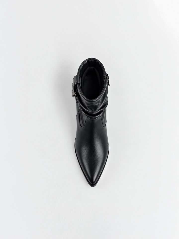 Black ruched lock-clasp block heel ankle boot faux leather – top view