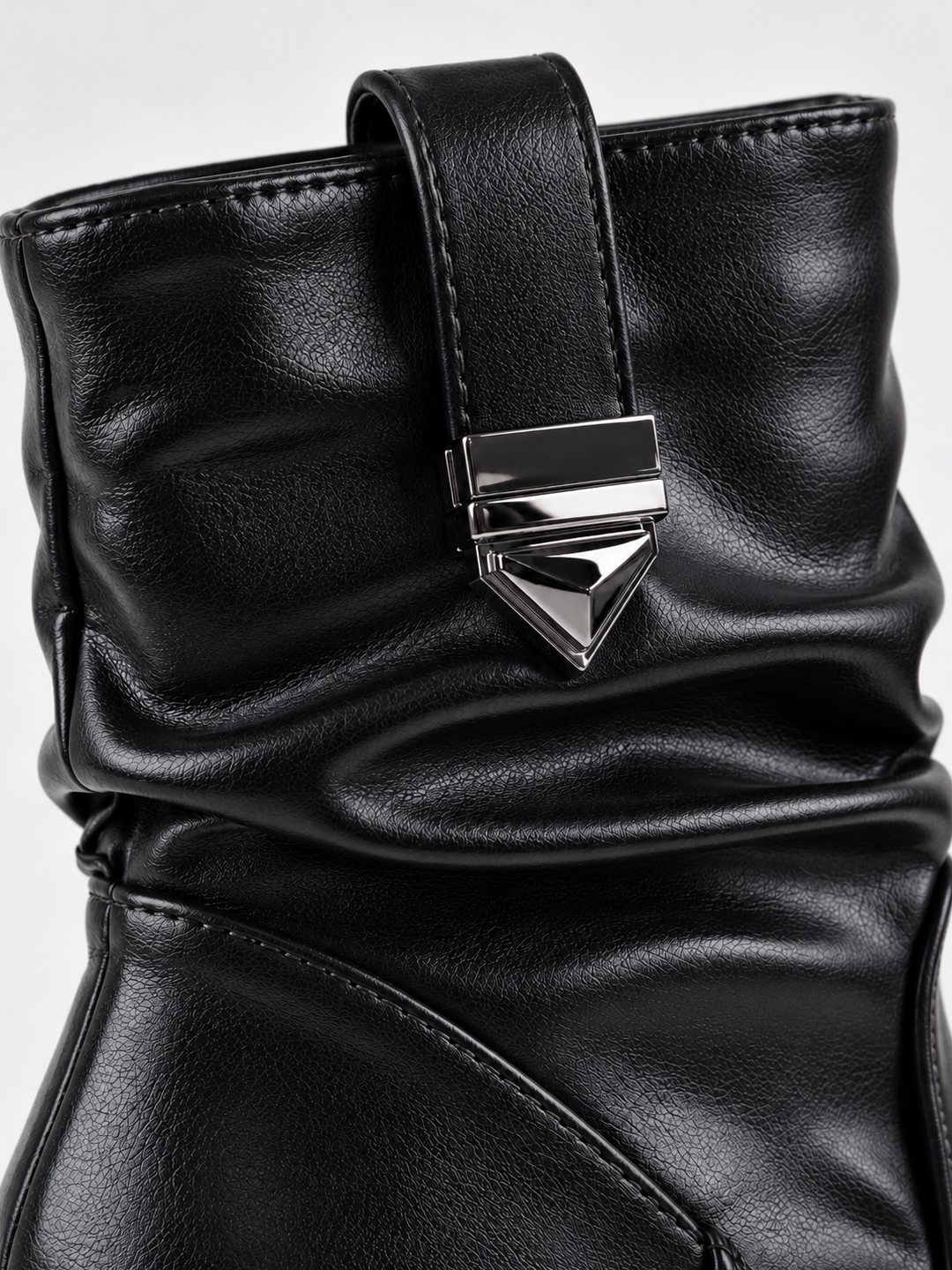 Black ruched lock-clasp block heel ankle boot faux leather – lock clasp close-up