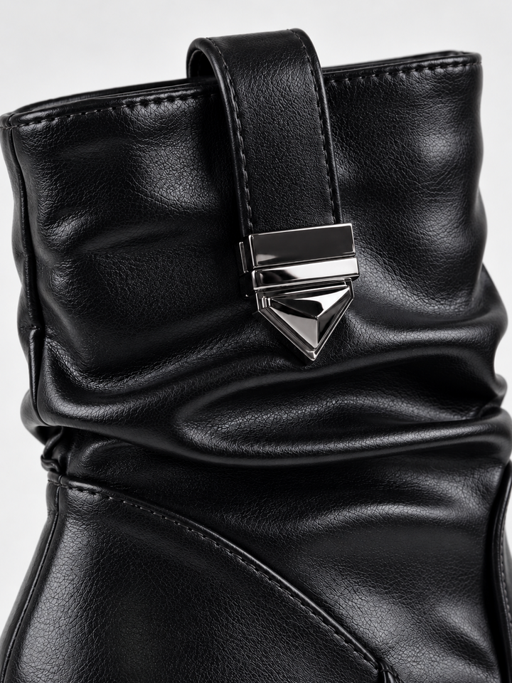 Black ruched lock-clasp block heel ankle boot faux leather – lock clasp close-up