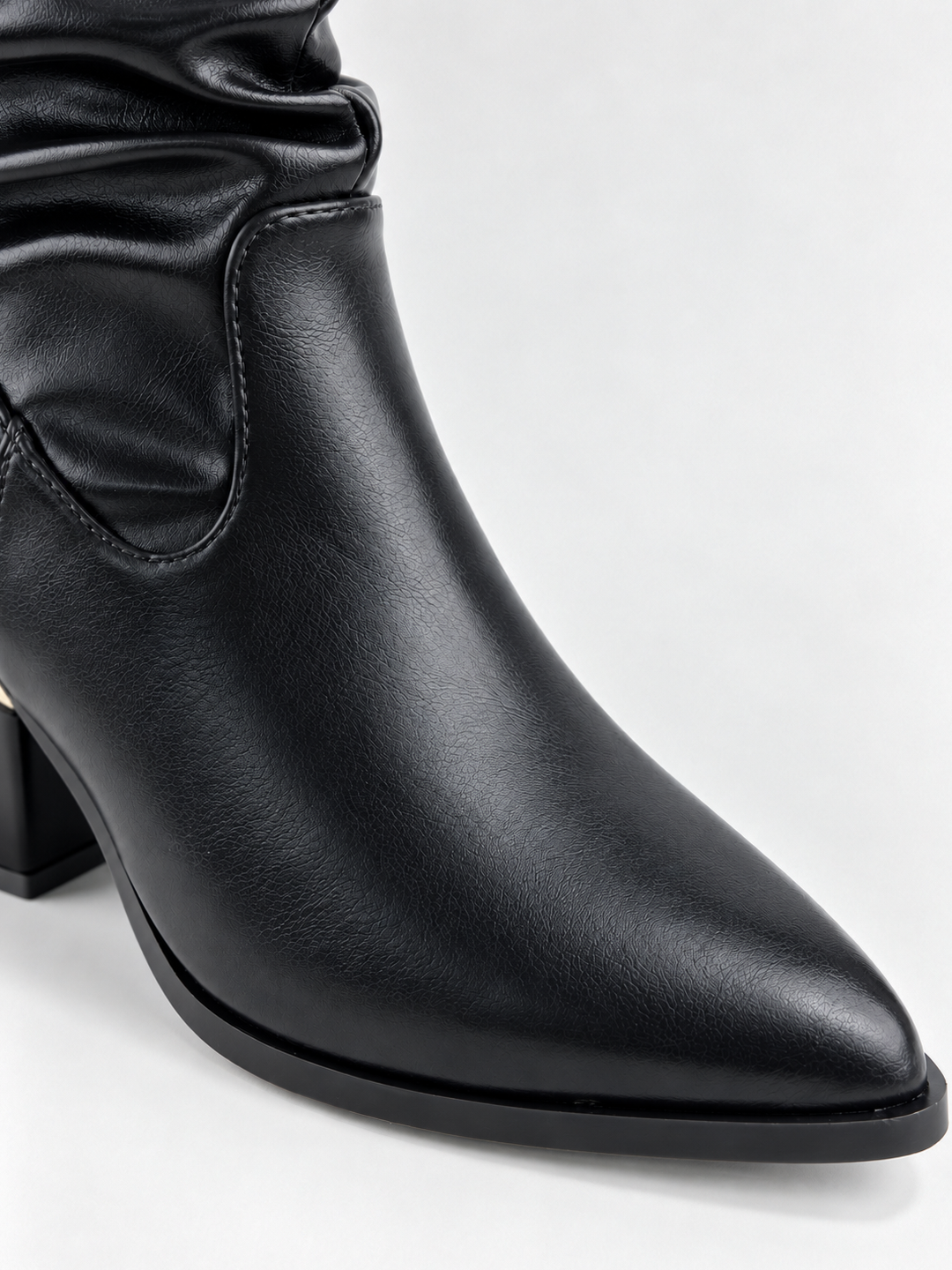 Black ruched lock-clasp block heel ankle boot faux leather – pointed toe close-up