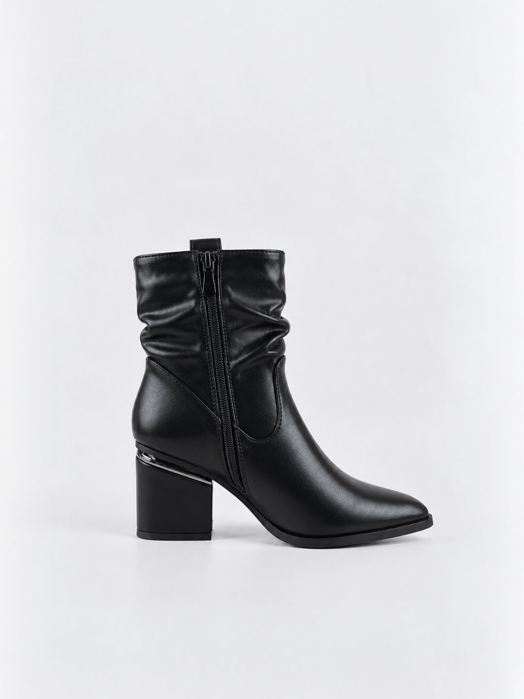 Black ruched lock-clasp block heel ankle boot faux leather – inner side view showing the zip