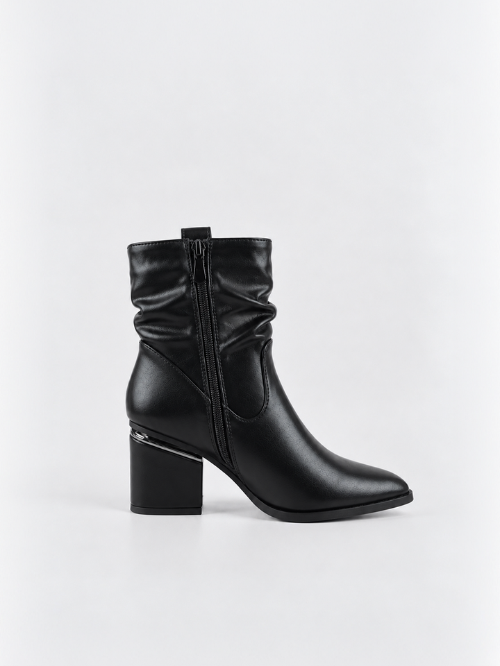 Black ruched lock-clasp block heel ankle boot faux leather – inner side view showing the zip