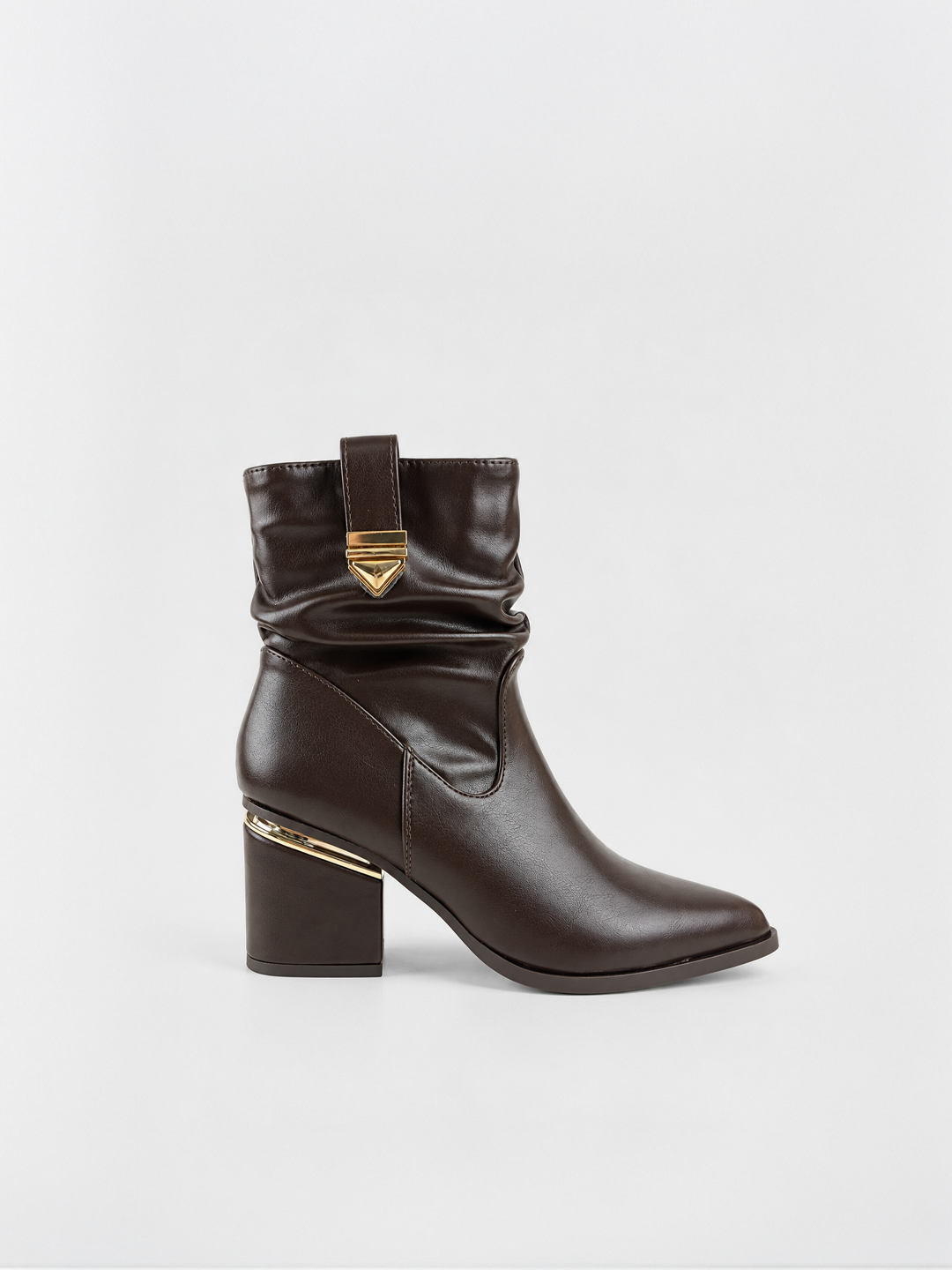 Brown ruched lock-clasp block heel ankle boot faux leather – side view