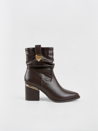 Ruched Lock-Clasp Block Heel Ankle Boot Faux Leather – Brown