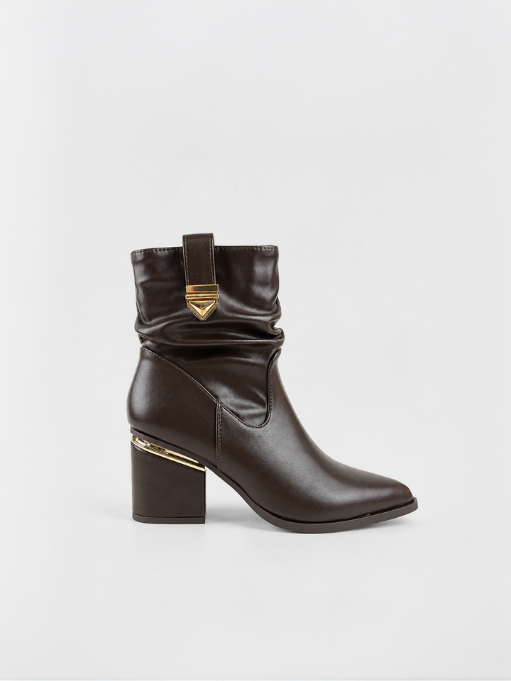 Brown ruched lock-clasp block heel ankle boot faux leather – side view