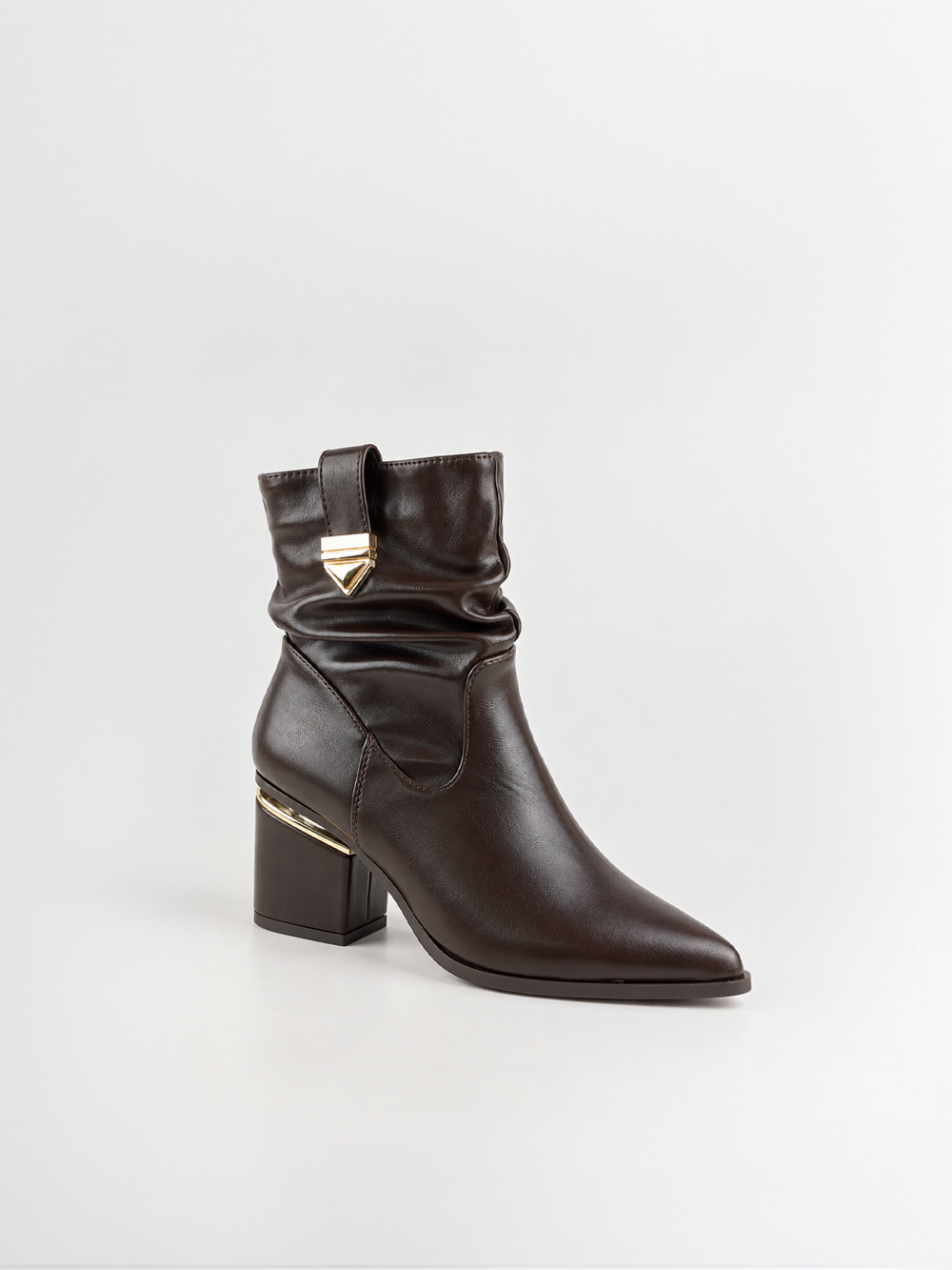 Brown ruched lock-clasp block heel ankle boot faux leather – front three-quarter view