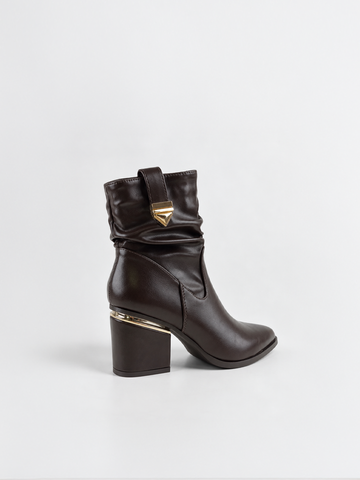 Brown ruched lock-clasp block heel ankle boot faux leather – back three-quarter view