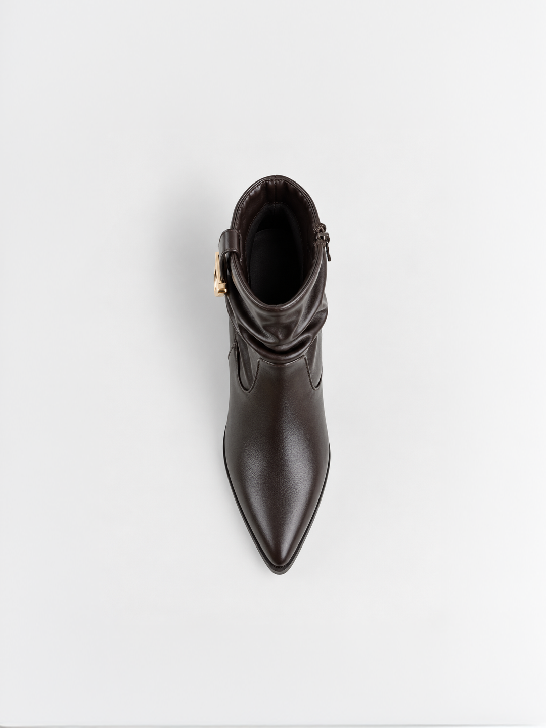 Brown ruched lock-clasp block heel ankle boot faux leather – top view