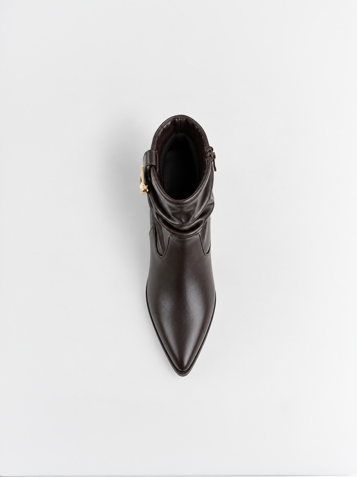 Brown ruched lock-clasp block heel ankle boot faux leather – top view