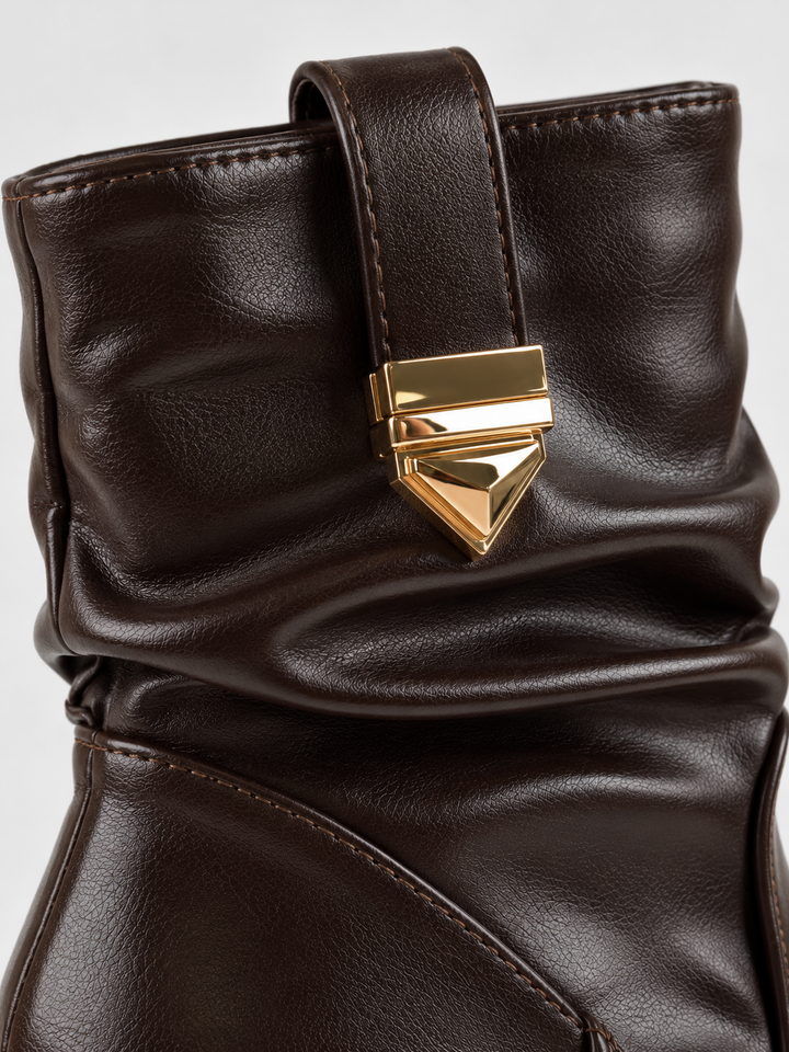 Brown ruched lock-clasp block heel ankle boot faux leather – lock clasp close-up
