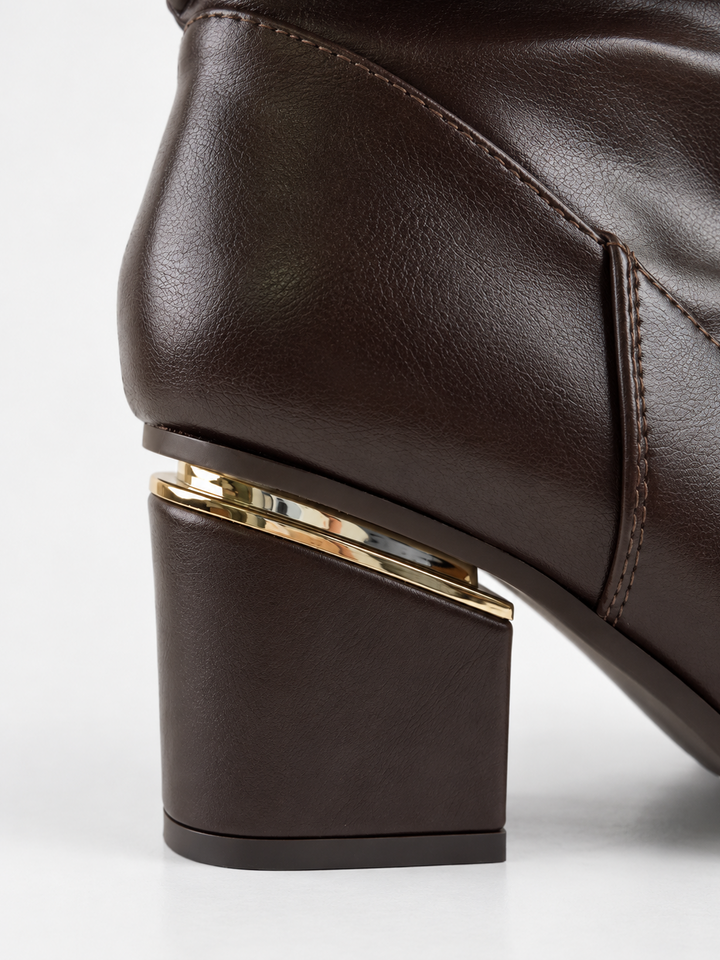 Brown ruched lock-clasp block heel ankle boot faux leather – block heel close-up