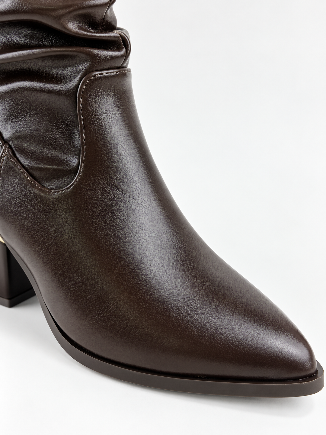 Brown ruched lock-clasp block heel ankle boot faux leather – pointed toe close-up