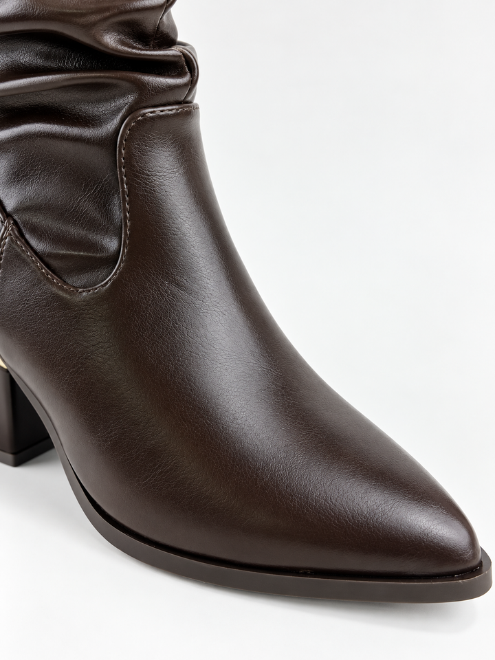 Brown ruched lock-clasp block heel ankle boot faux leather – pointed toe close-up