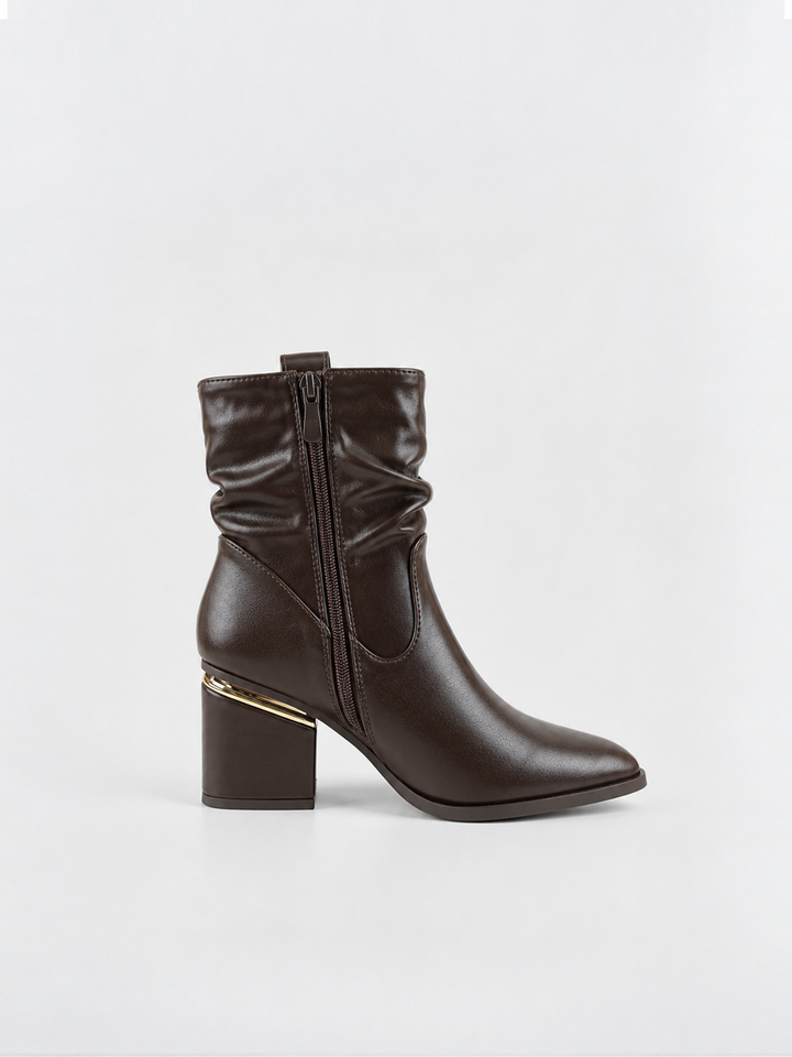 Brown ruched lock-clasp block heel ankle boot faux leather – inner side view showing the zip