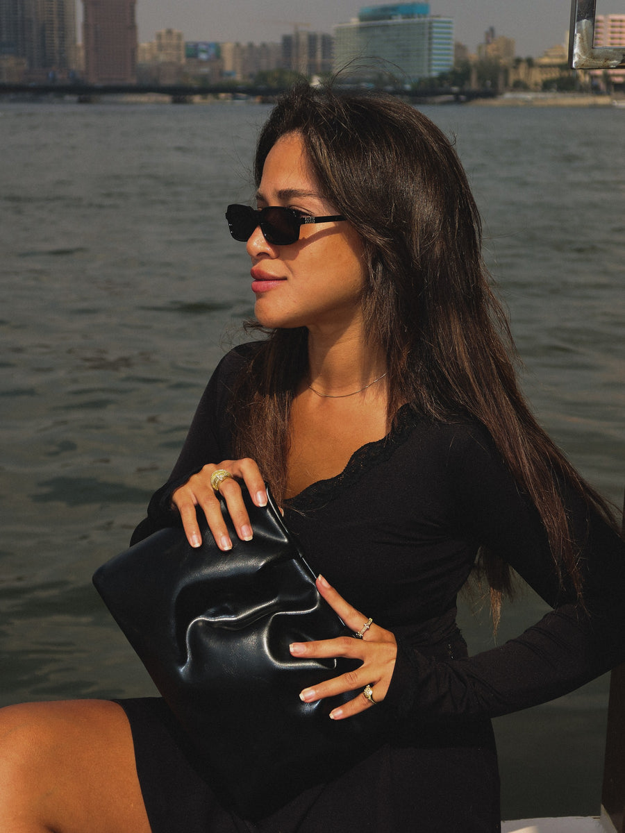 Ruched Pouch Clutch Faux Leather – Black