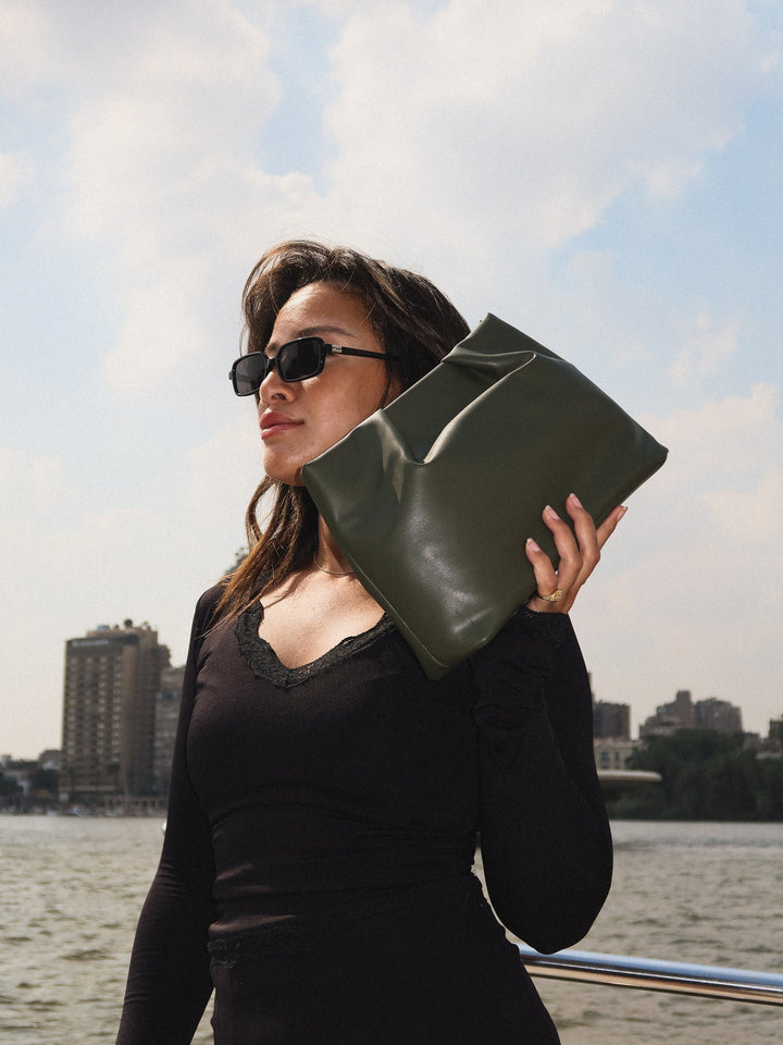 Olive ruched pouch clutch faux leather – worn on model (5)