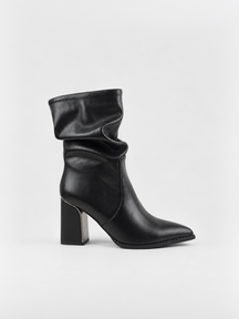 Black slouchy metal-trim block heel ankle boot faux leather – side view