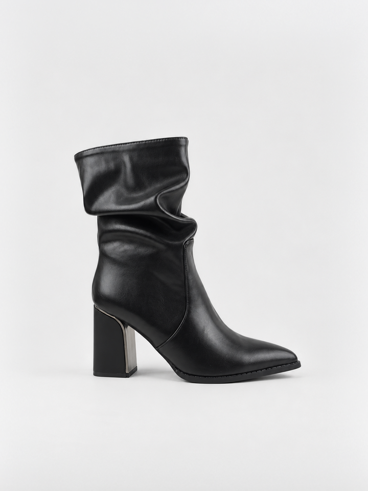 Black slouchy metal-trim block heel ankle boot faux leather – side view