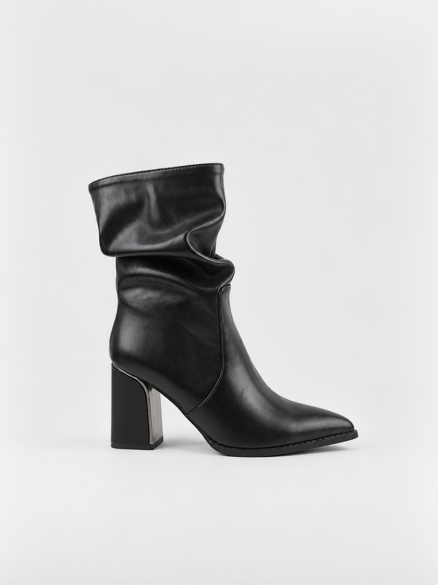 Slouchy Metal-Trim Block Heel Ankle Boot Faux Leather – Black