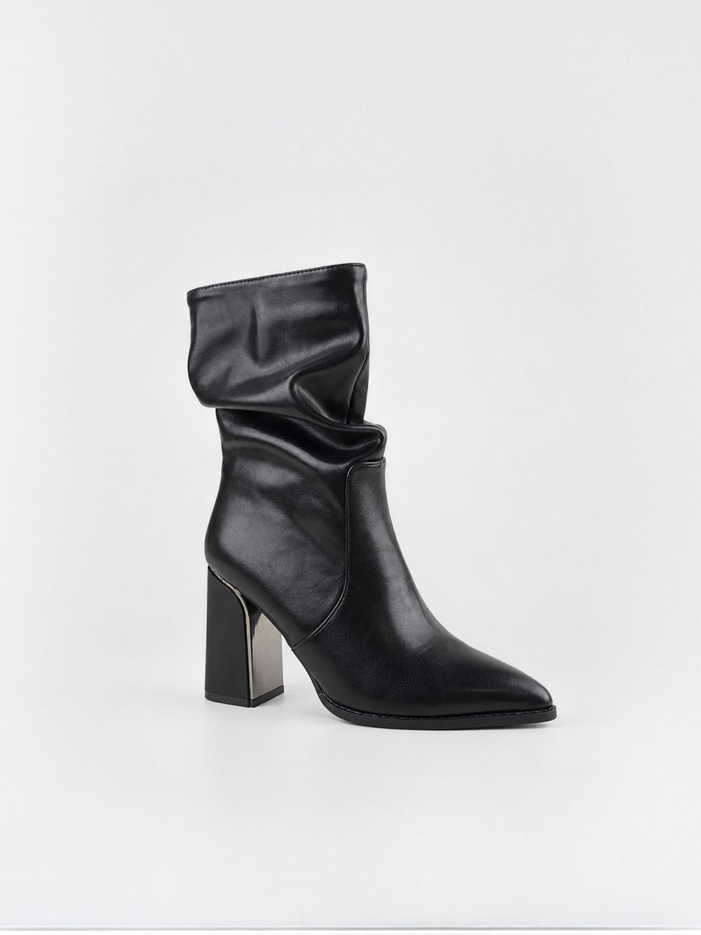 Black slouchy metal-trim block heel ankle boot faux leather – front three-quarter view