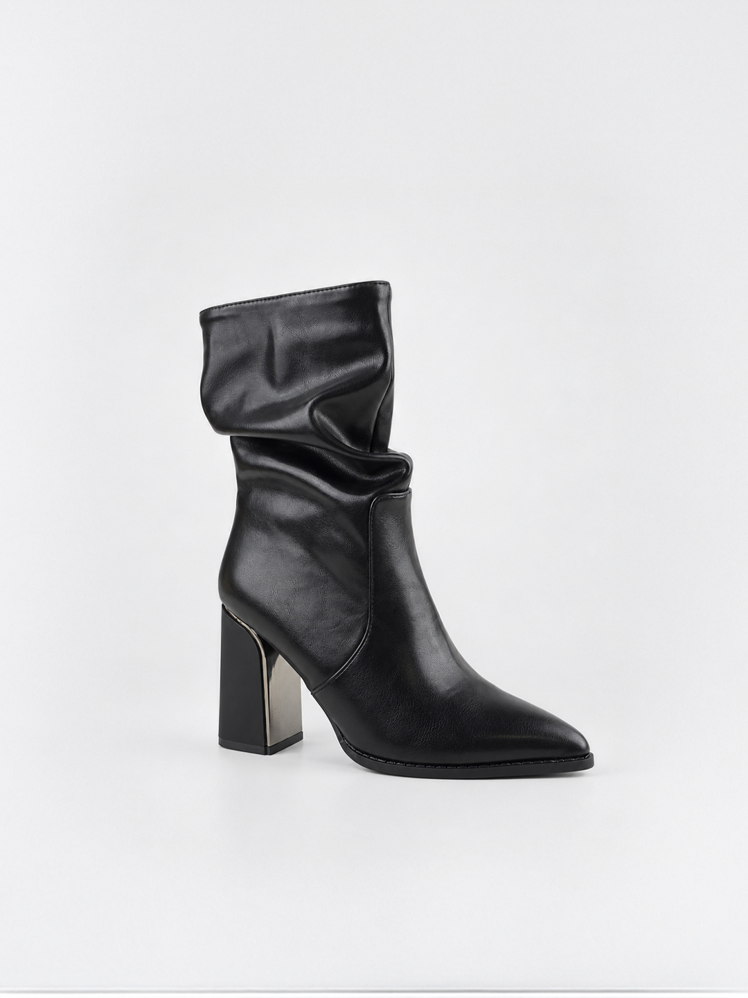 Black slouchy metal-trim block heel ankle boot faux leather – front three-quarter view