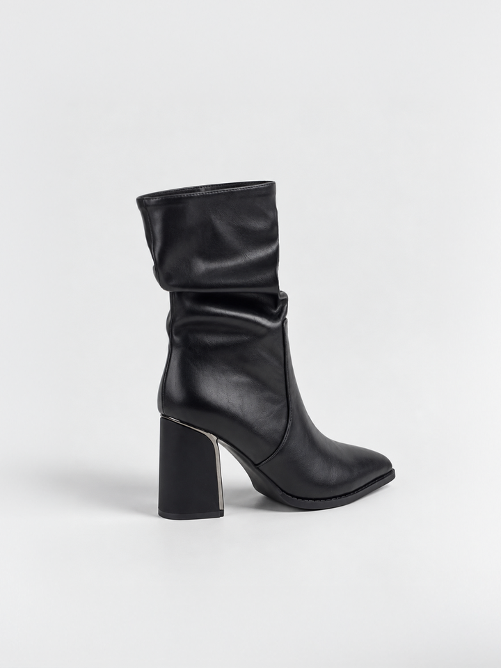 Black slouchy metal-trim block heel ankle boot faux leather – back three-quarter view