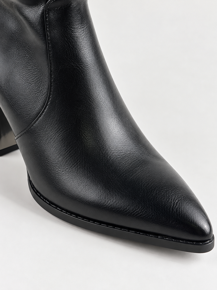 Black slouchy metal-trim block heel ankle boot faux leather – pointed toe close-up