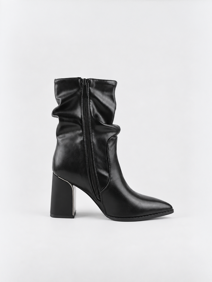 Black slouchy metal-trim block heel ankle boot faux leather – inner side view showing the zip