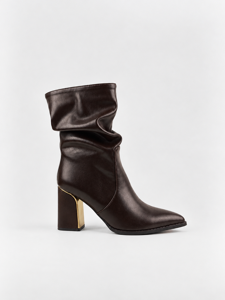 Brown slouchy metal-trim block heel ankle boot faux leather – side view