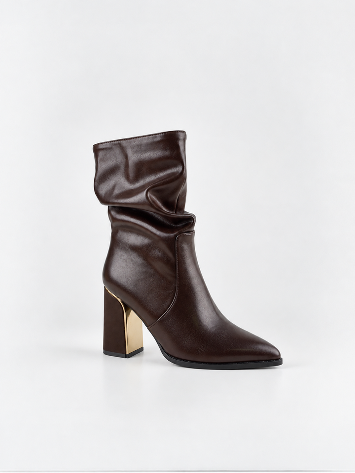 Brown slouchy metal-trim block heel ankle boot faux leather – front three-quarter view