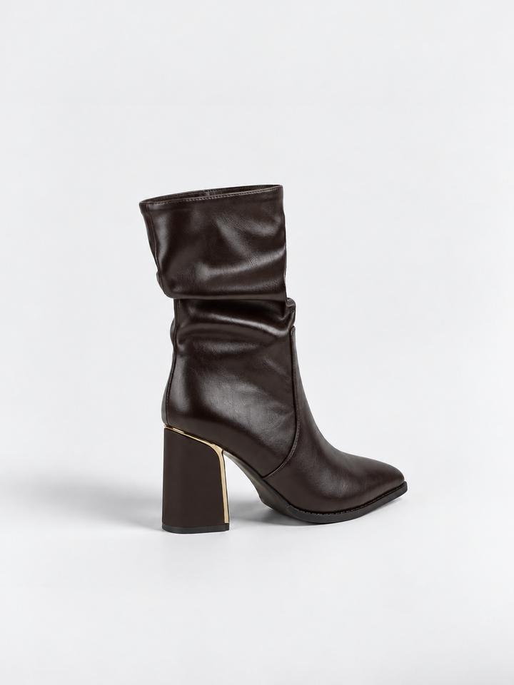 Brown slouchy metal-trim block heel ankle boot faux leather – back three-quarter view