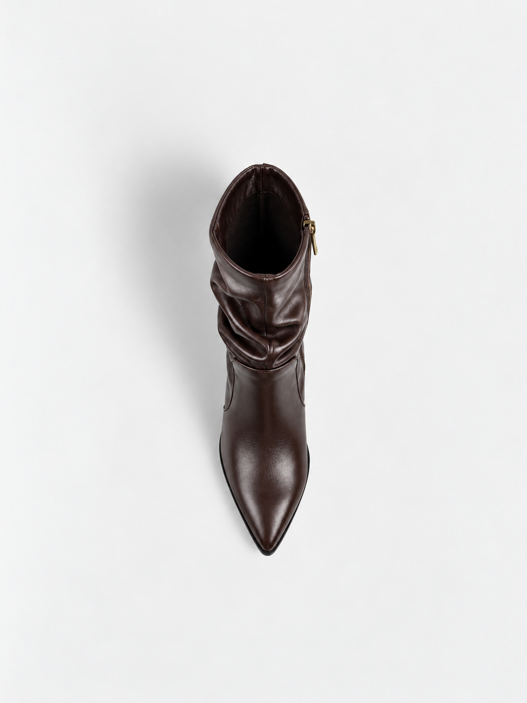 Brown slouchy metal-trim block heel ankle boot faux leather – top view
