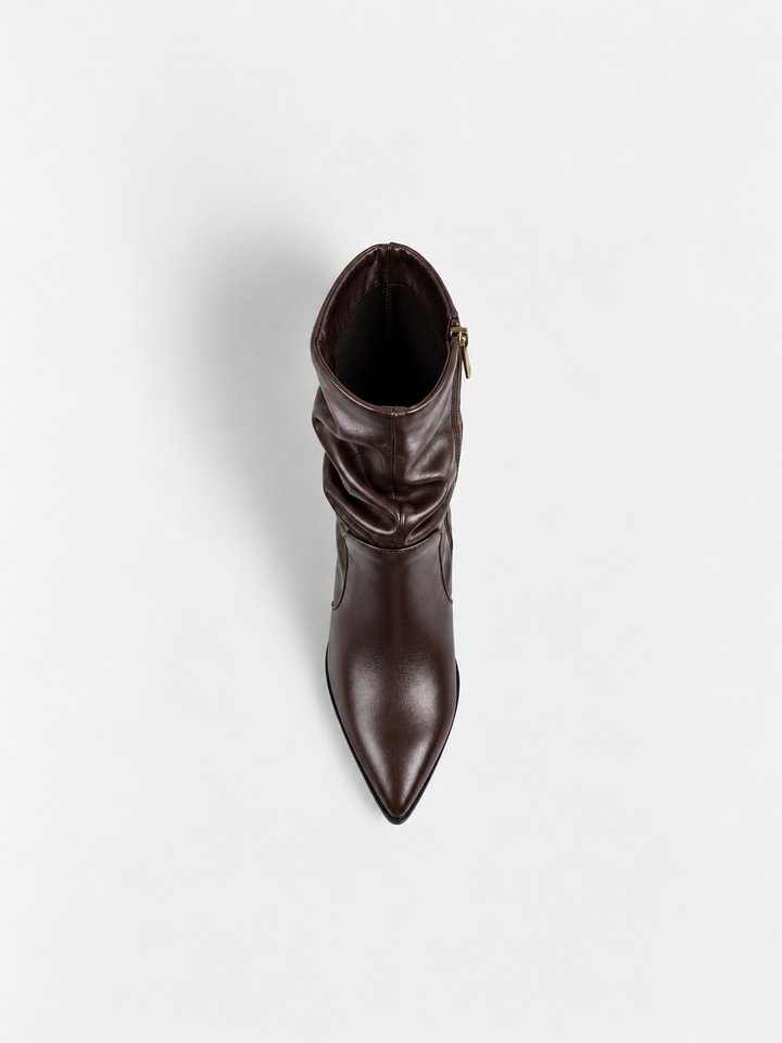 Brown slouchy metal-trim block heel ankle boot faux leather – top view