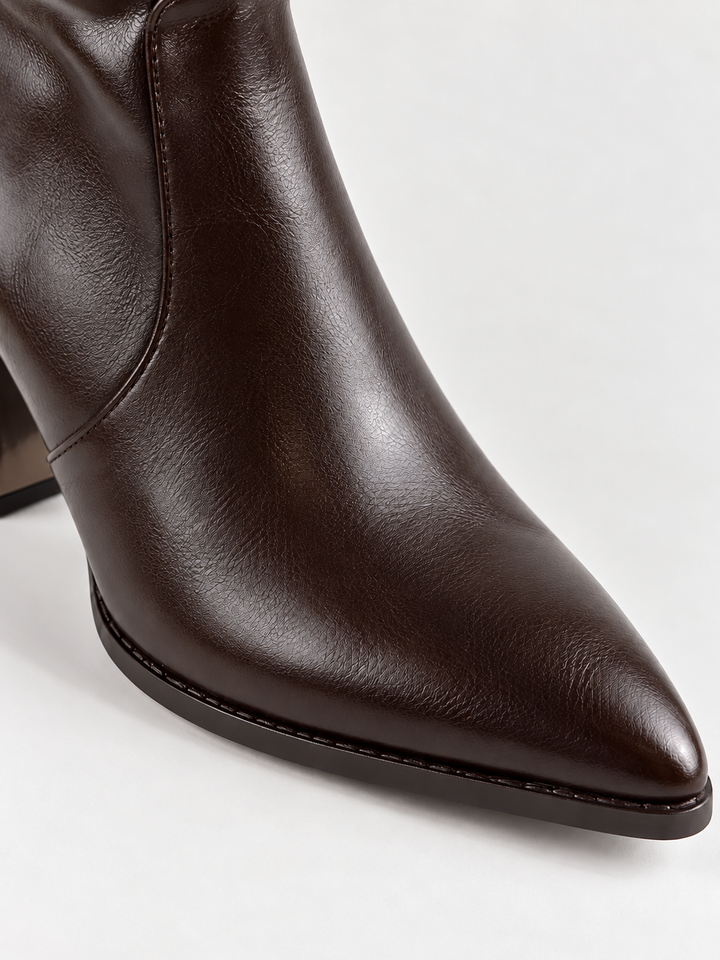 Brown slouchy metal-trim block heel ankle boot faux leather – pointed toe close-up