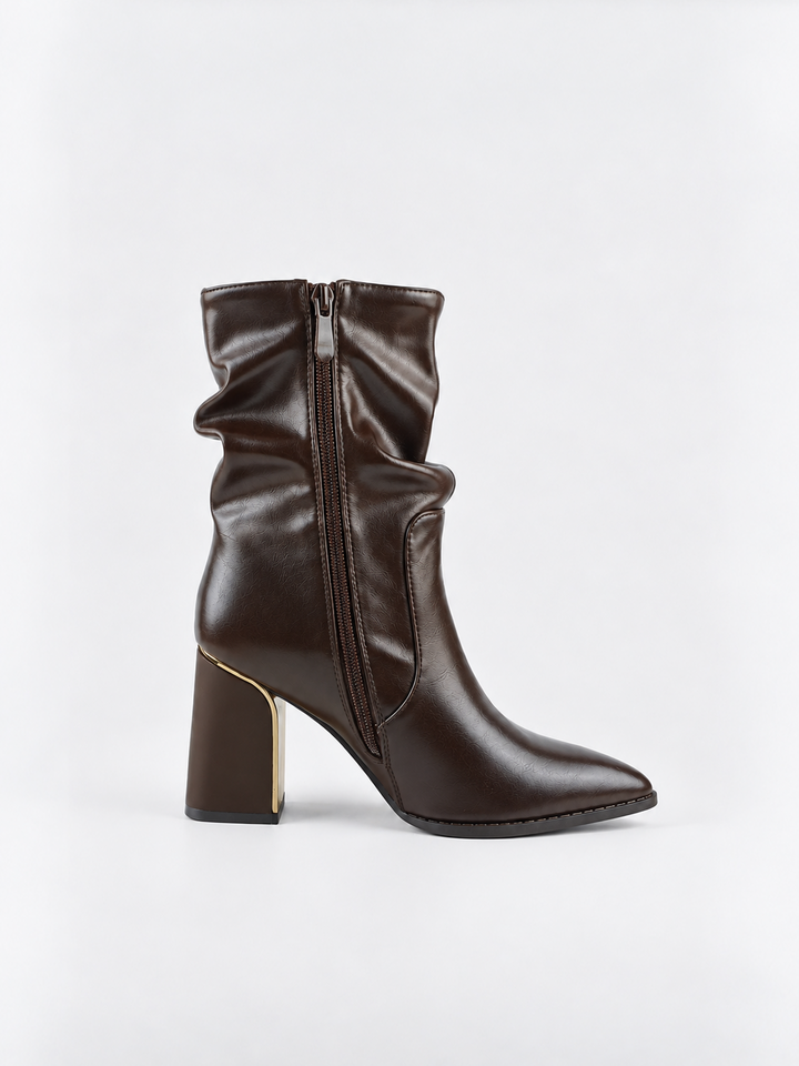 Brown slouchy metal-trim block heel ankle boot faux leather – inner side view showing the zip