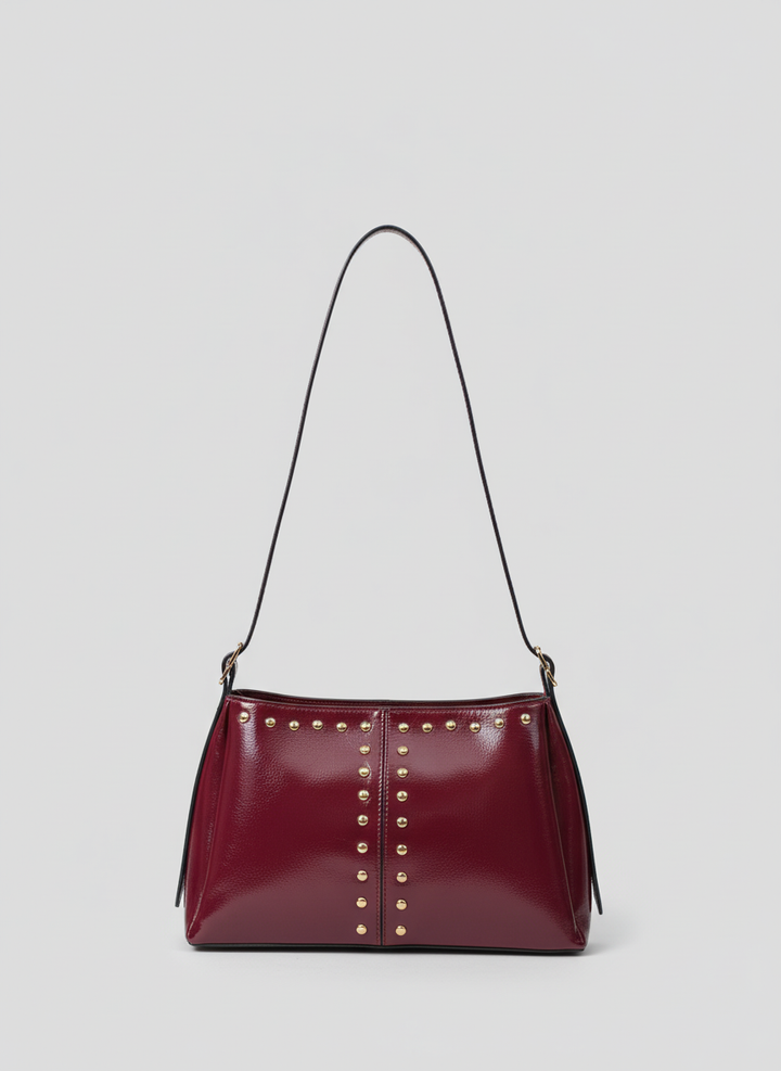 Studded Leather Shoulder Bag - Burgundy
