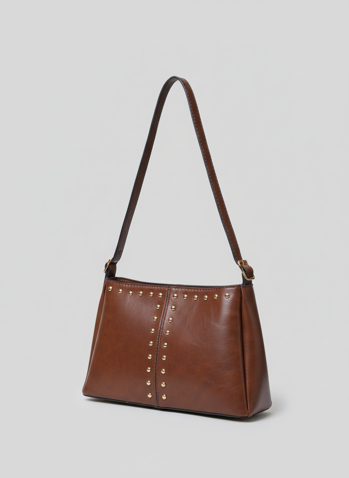 Studded Leather Shoulder Bag - Chestnut
