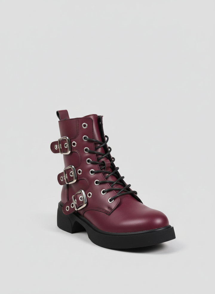 Midnight Rebel Buckled Combat Boots | Burgundy