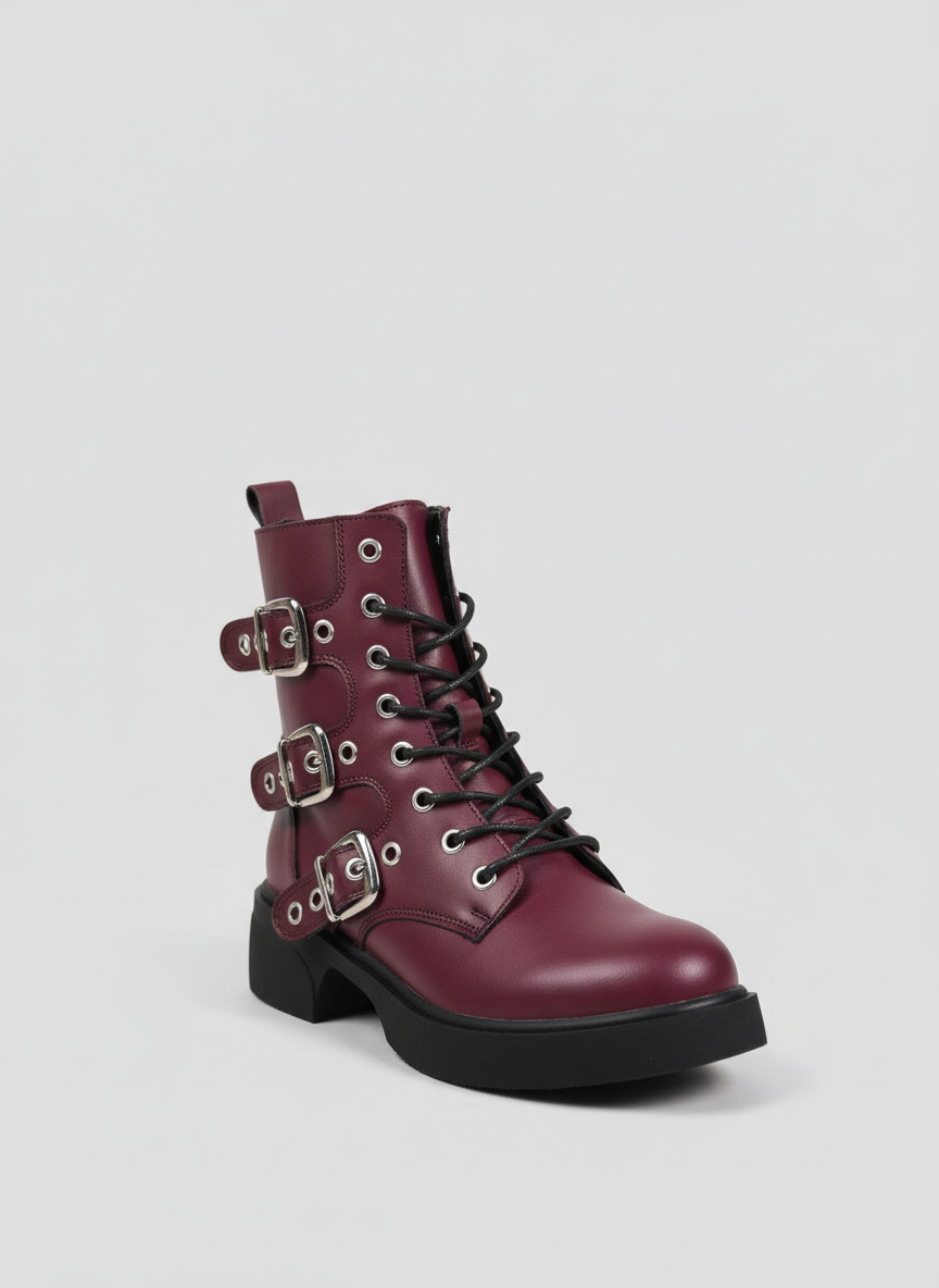 Midnight Rebel Buckled Combat Boots | Burgundy