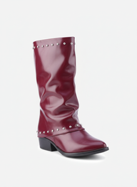 Faux Leather Studded Mid-Calf Slouch Boots |  Burgundy