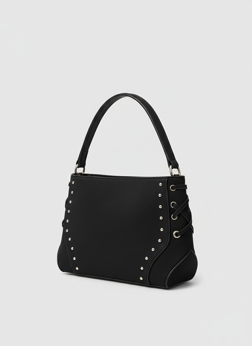 Lace-Up Handle Suede Handbag - Black