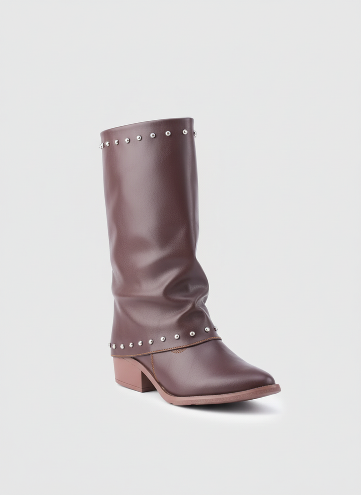 Faux Leather Studded Mid-Calf Slouch Boots |  Brown