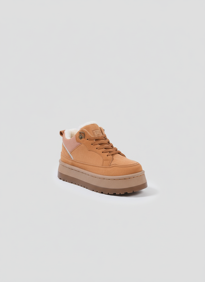 Suede Shearling-Lined Platform Sneakers - Camel