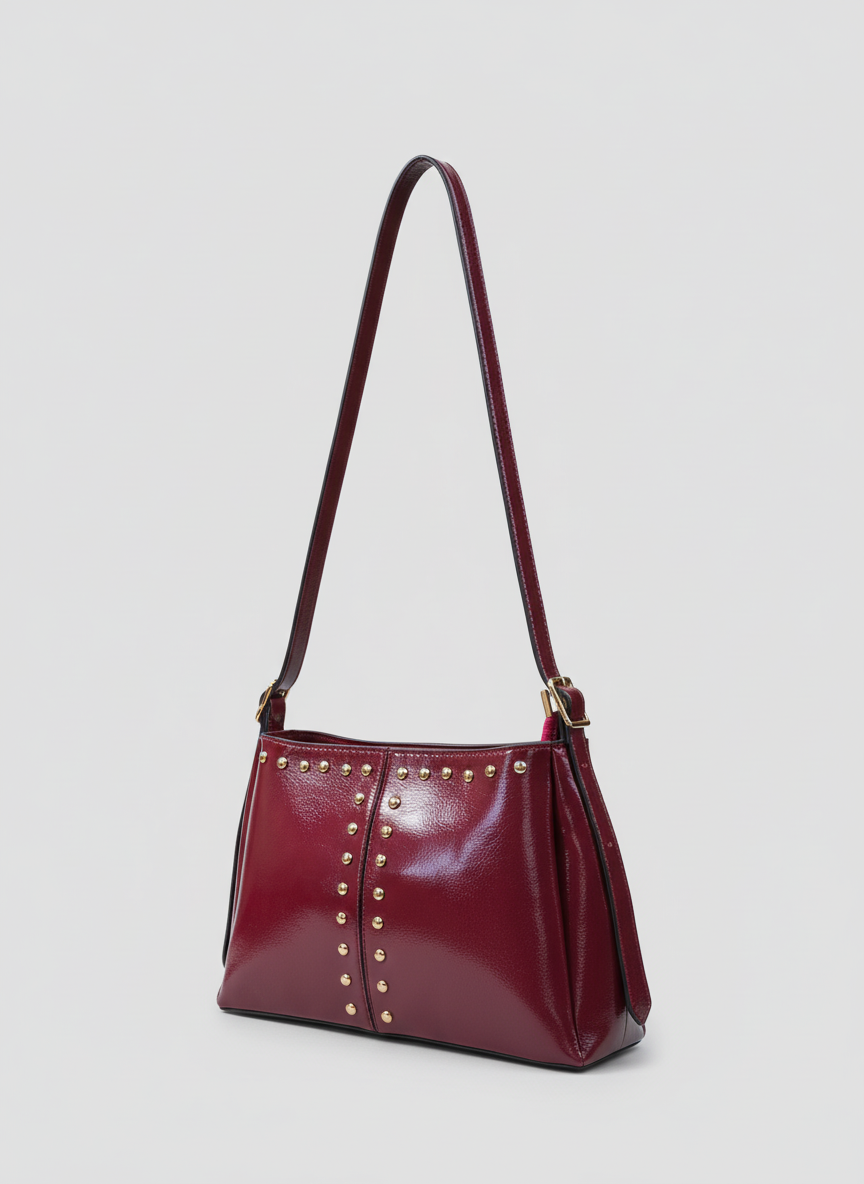 Studded Leather Shoulder Bag - Burgundy