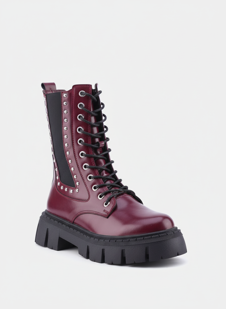 "The Riot" Studded Platform Combat Boots "Maroon"