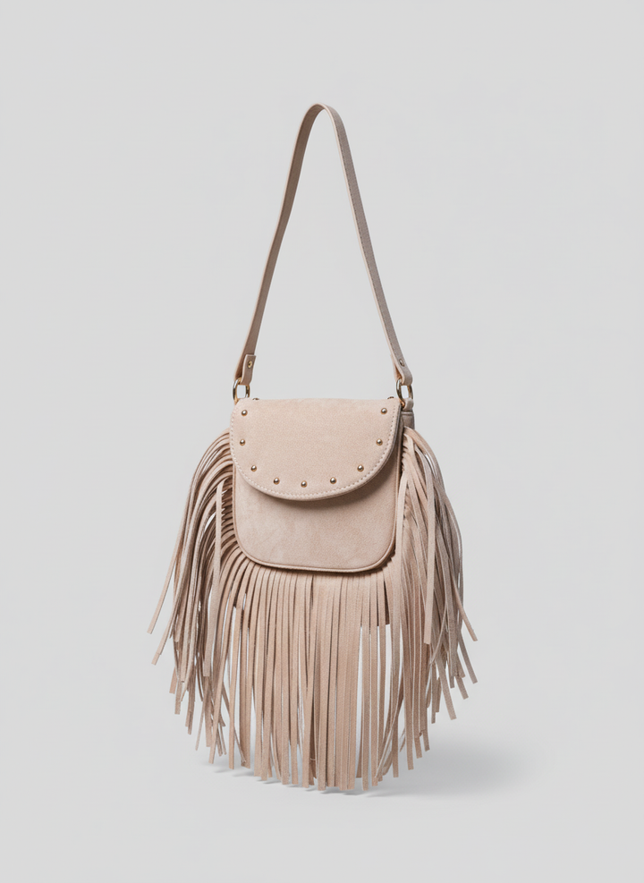 Crimson Fringe Suede Shoulder Bag - Beige