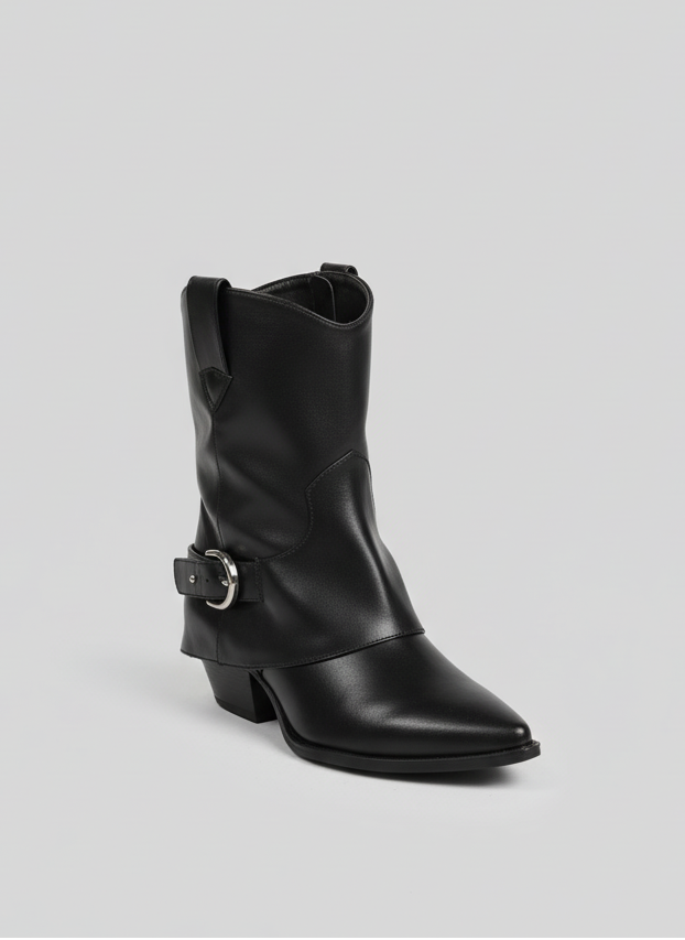 Classic Black Buckle Leather Ankle Boots | Black