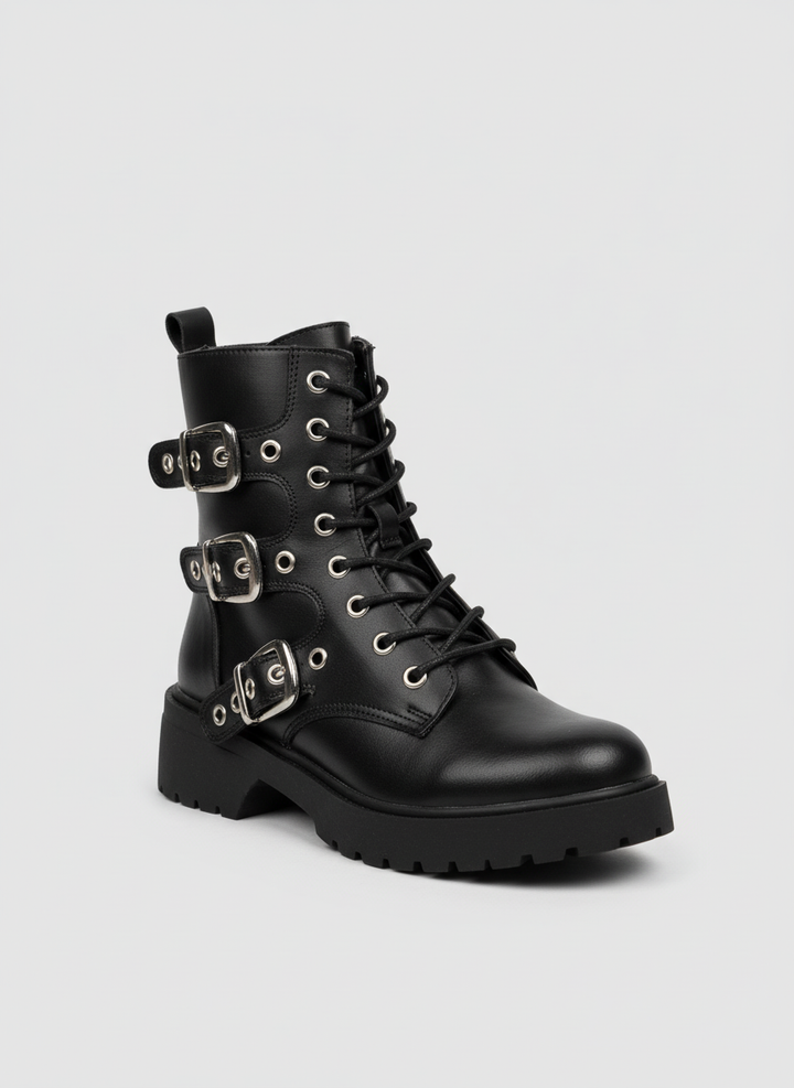 Midnight Rebel Buckled Combat Boots | Black