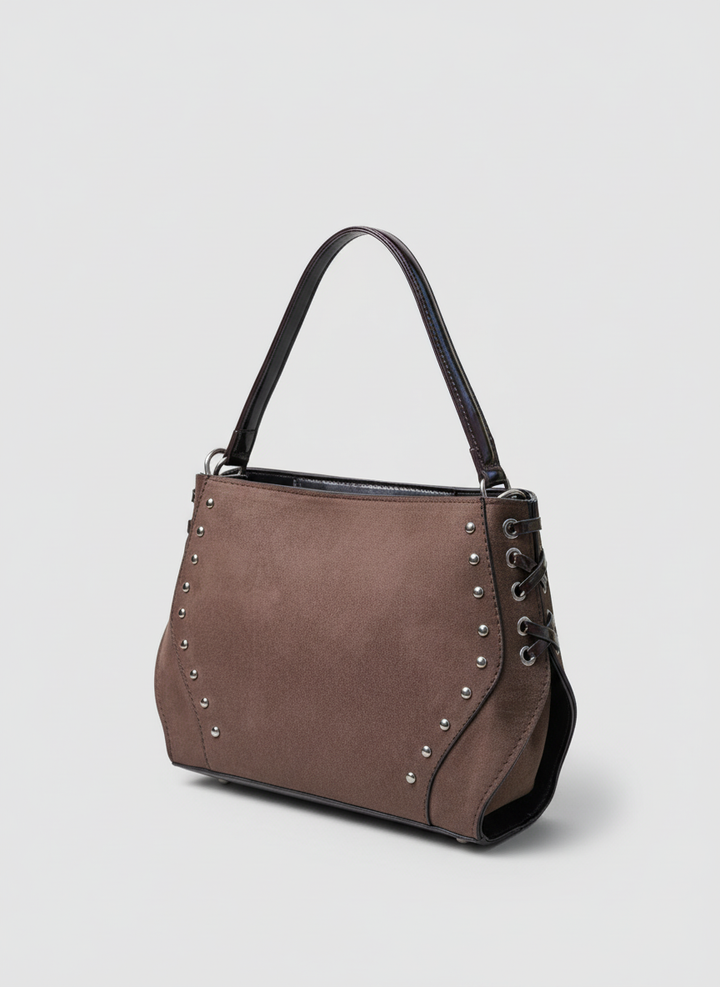 Lace-Up Handle Suede Handbag - Brown