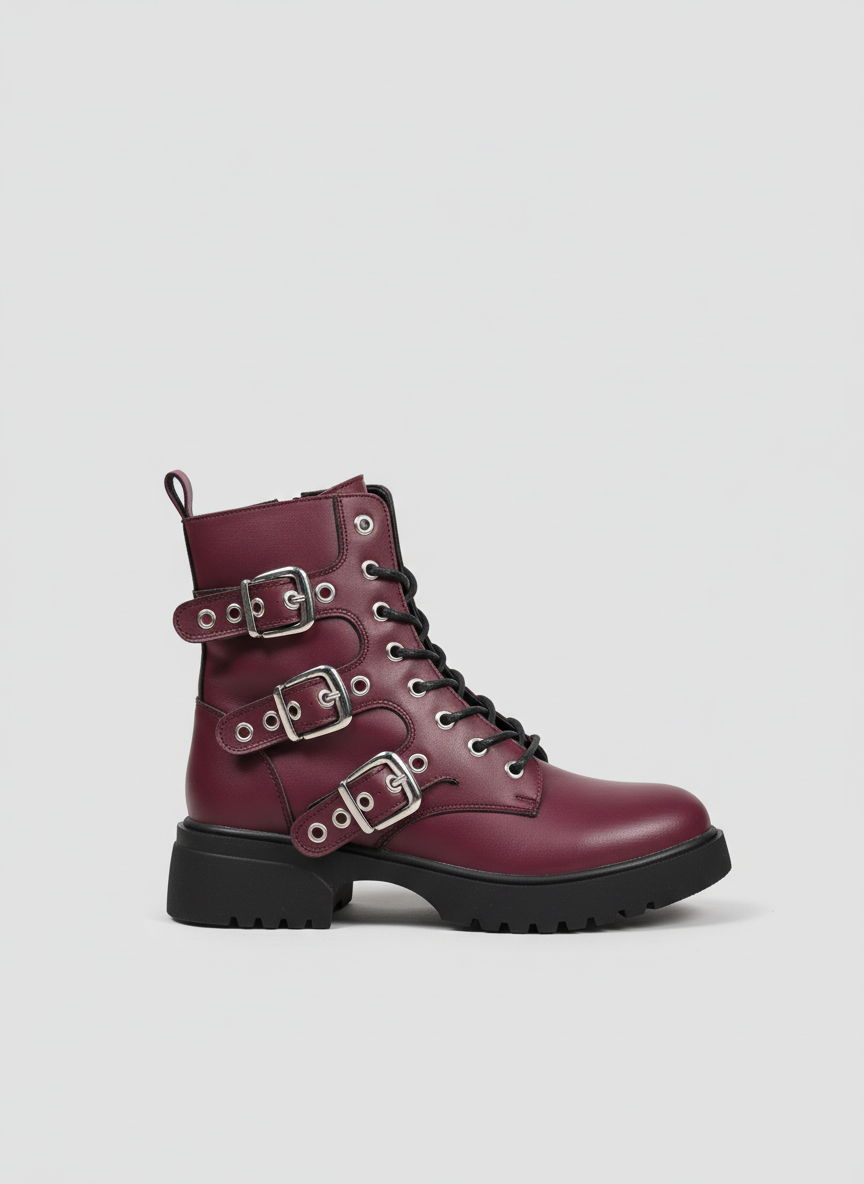 Midnight Rebel Buckled Combat Boots | Burgundy